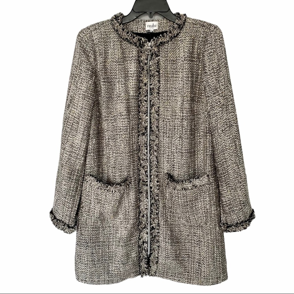 Nulu Fringe Trim Long Tweed Blazer in Gray Size Medium - Picture 9 of 9